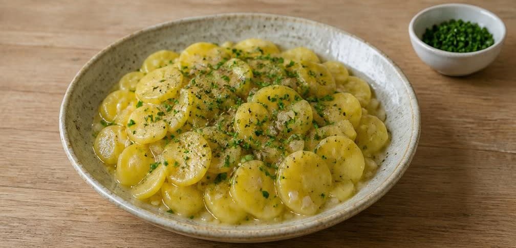 Süddeutscher Kartoffelsalat mit kaltgepresstem Rapsöl – Zubereitung Schritt für Schritt – Anrichten