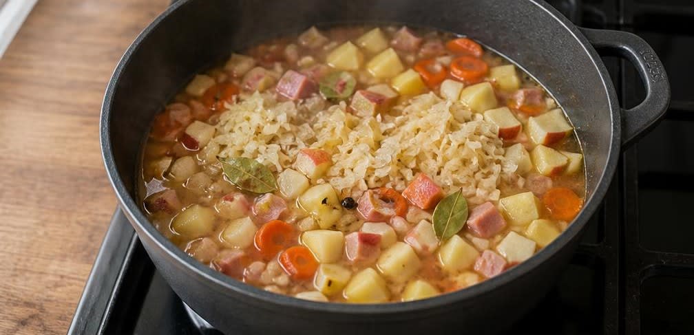Sauerkraut-Eintopf mit rohem Kraut zum Schluss – Zubereitung Schritt für Schritt – Eintopf ansetzen