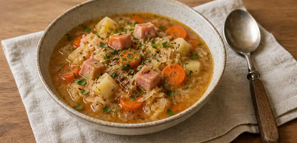 Sauerkraut-Eintopf mit rohem Kraut zum Schluss – Zubereitung Schritt für Schritt – Anrichten