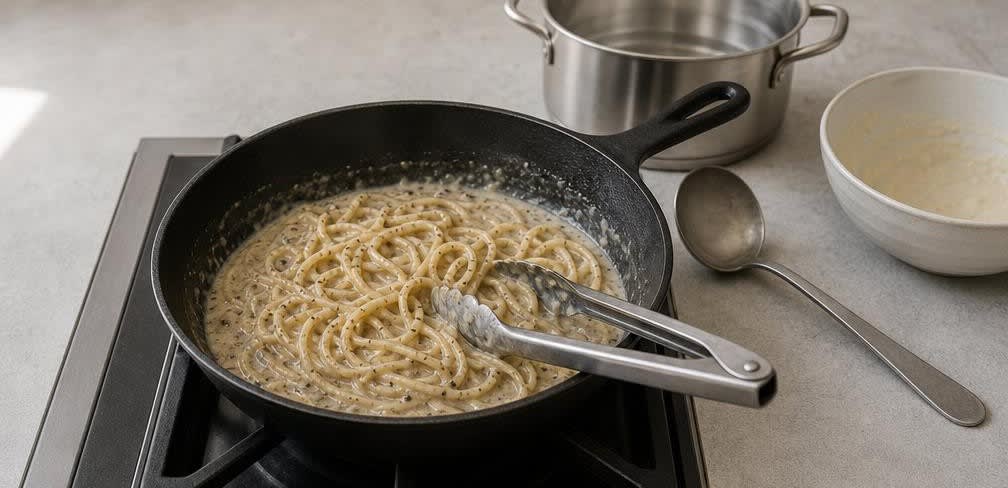 Cacio e Pepe mit frisch gemörsertem Pfeffer – Zubereitung Schritt für Schritt – Pasta emulgieren