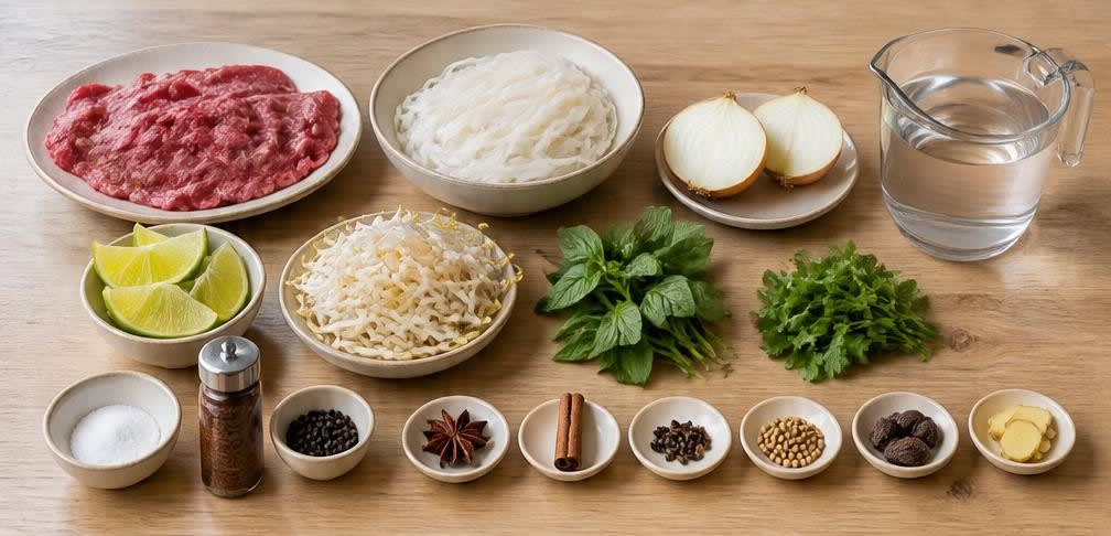 Vietnamesische Pho Bo mit Limette und frischen Kräutern – Zutaten