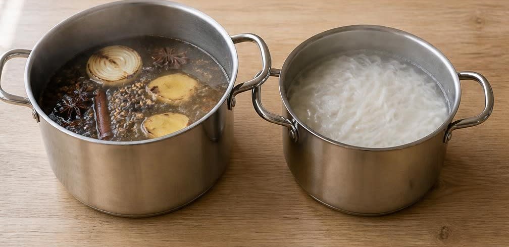 Vietnamesische Pho Bo mit Limette und frischen Kräutern – Zubereitung Schritt für Schritt – Brühe kochen und Nudeln garen