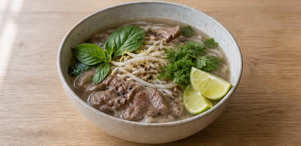 Vietnamesische Pho Bo mit Limette und frischen Kräutern – Zubereitung Schritt für Schritt – Anrichten