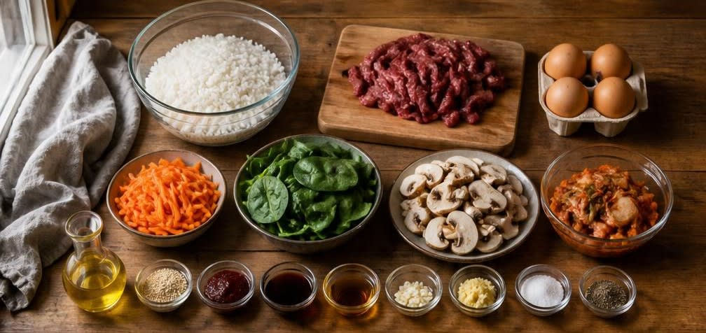 Koreanisches Bibimbap mit Kimchi und Rindfleisch – Zutaten