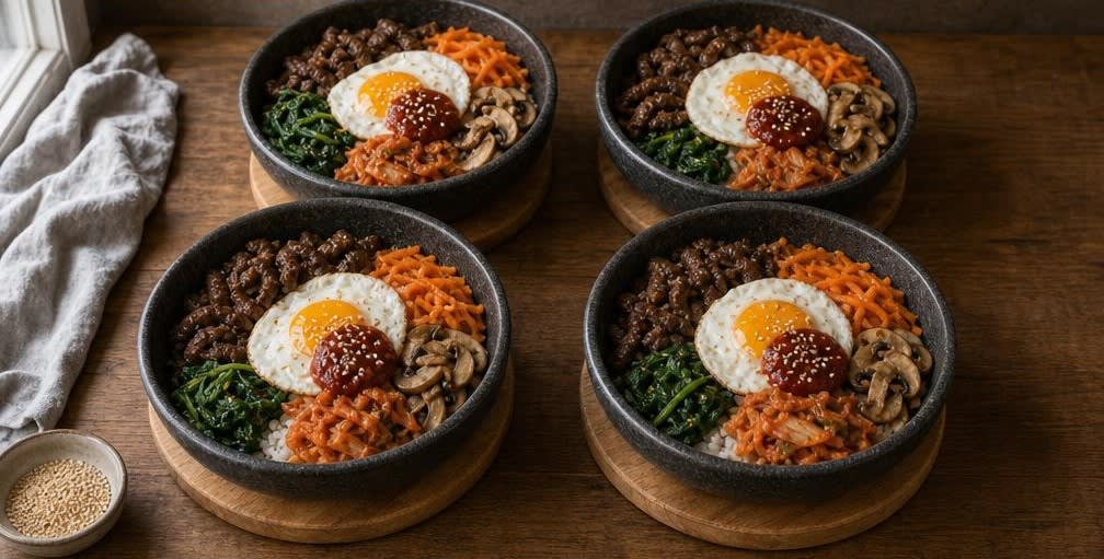 Koreanisches Bibimbap mit Kimchi und Rindfleisch – Zubereitung Schritt für Schritt – Anrichten