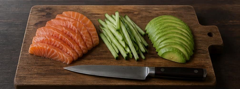 Chirashi-Bowl mit Wildlachs und Sushireis – Zubereitung Schritt für Schritt – Lachs und Gemüse vorbereiten