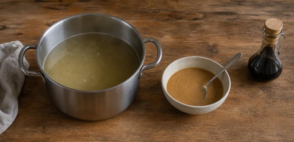 Miso-Ramen mit ungepasteurisiertem Miso – Zubereitung Schritt für Schritt – Miso-Brühe fertigstellen