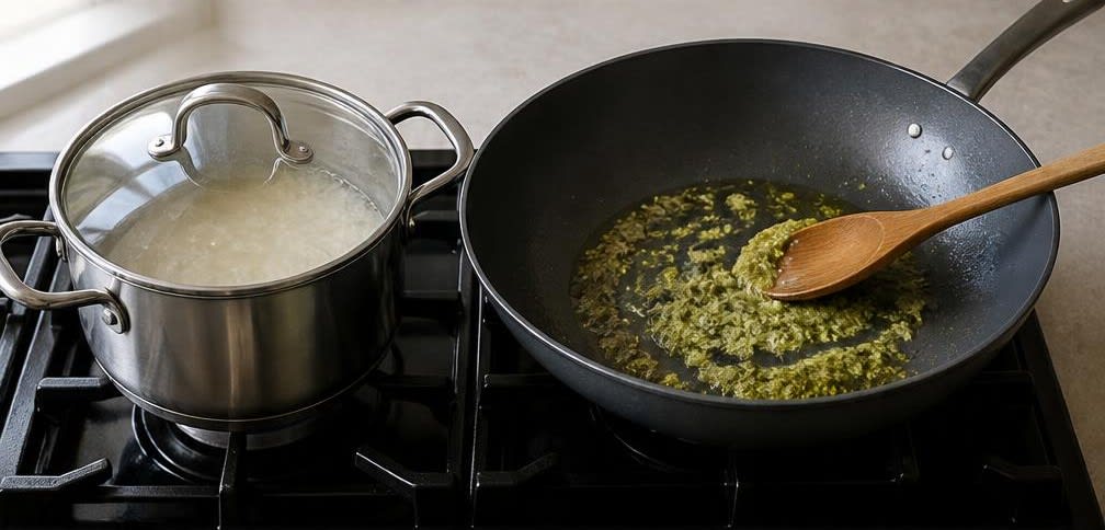 Grünes Thai-Curry mit Hähnchen und Aubergine – Zubereitung Schritt für Schritt – Reis kochen und Currypaste anbraten