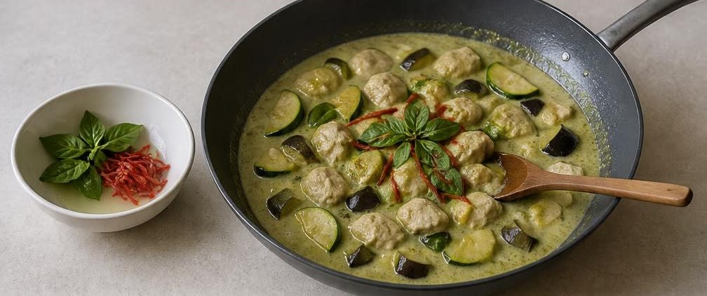 Grünes Thai-Curry mit Hähnchen und Aubergine – Zubereitung Schritt für Schritt – Curry finalisieren
