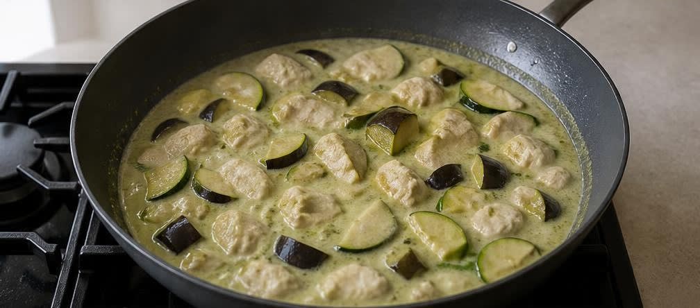 Grünes Thai-Curry mit Hähnchen und Aubergine – Zubereitung Schritt für Schritt – Curry köcheln lassen