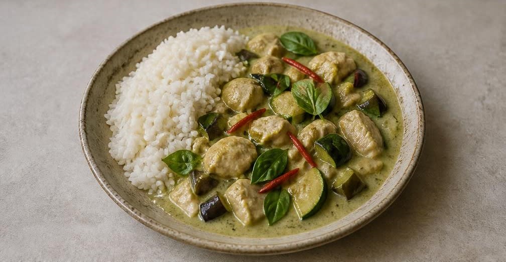 Grünes Thai-Curry mit Hähnchen und Aubergine – Zubereitung Schritt für Schritt – Anrichten