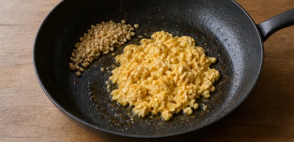Pad Thai mit durchgegartem Ei – Zubereitung Schritt für Schritt – Knoblauch andünsten und Ei stocken lassen