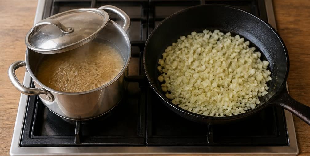 Authentisches Chana Masala mit frischem Zitronenkick – Zubereitung Schritt für Schritt – Reis kochen & Zwiebeln andünsten