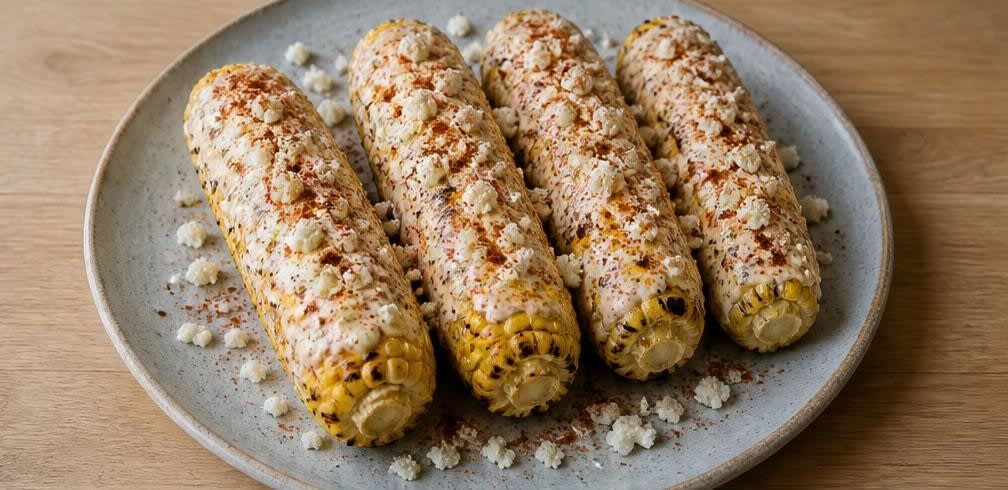 Gegrillter mexikanischer Elote mit Limetten-Creme und Feta – Zubereitung Schritt für Schritt – Maiskolben bestreichen und würzen