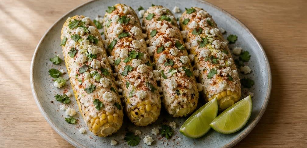 Gegrillter mexikanischer Elote mit Limetten-Creme und Feta – Zubereitung Schritt für Schritt – Anrichten