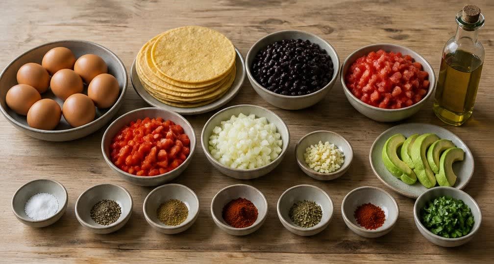 Klassische Huevos Rancheros mit Tomaten-Salsa und schwarzen Bohnen – Zutaten