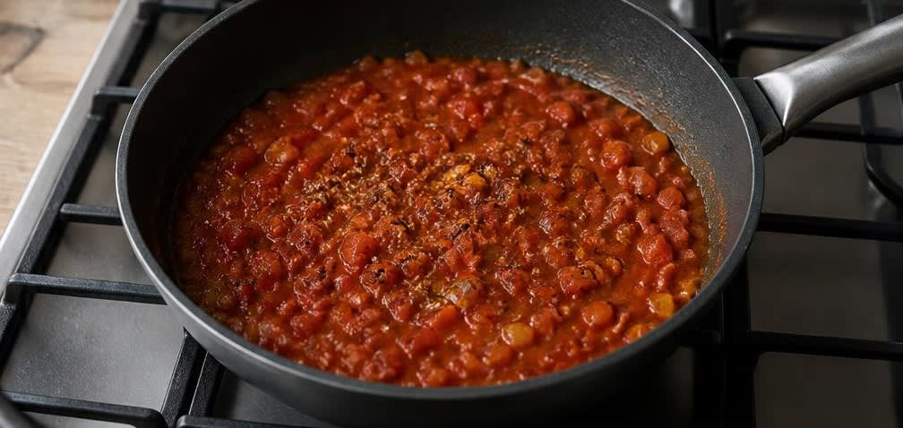 Klassische Huevos Rancheros mit Tomaten-Salsa und schwarzen Bohnen – Zubereitung Schritt für Schritt – Tomaten-Salsa einkochen