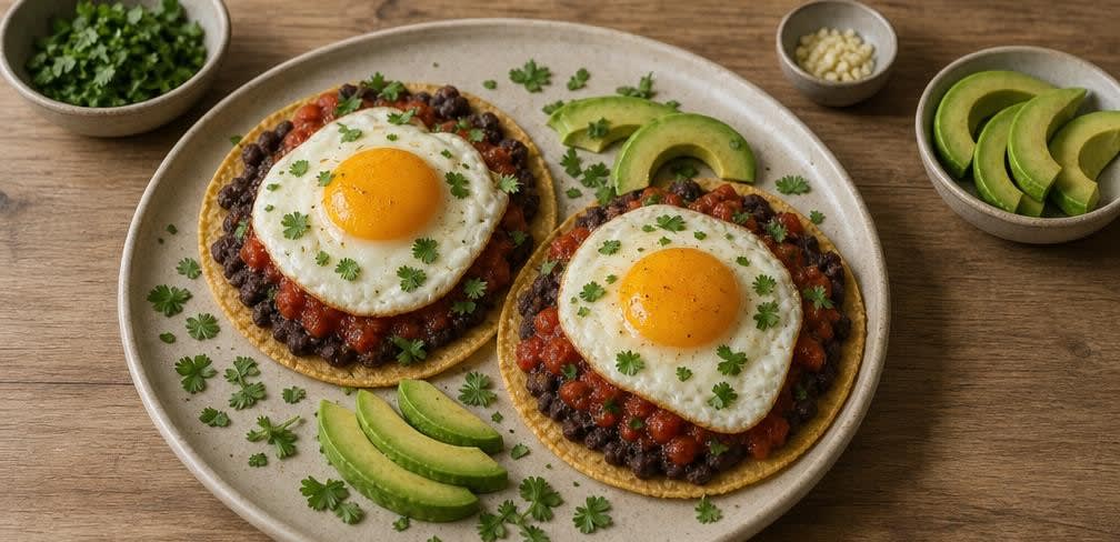 Klassische Huevos Rancheros mit Tomaten-Salsa und schwarzen Bohnen – Zubereitung Schritt für Schritt – Anrichten