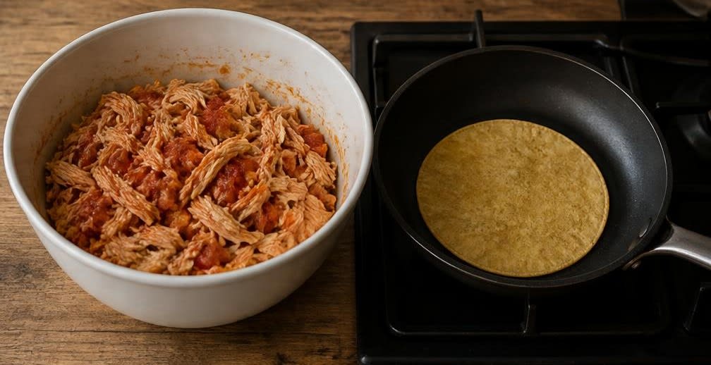 Enchiladas mit frischer Tomatensauce – Zubereitung Schritt für Schritt – Hähnchenfüllung mischen & Tortillas wärmen