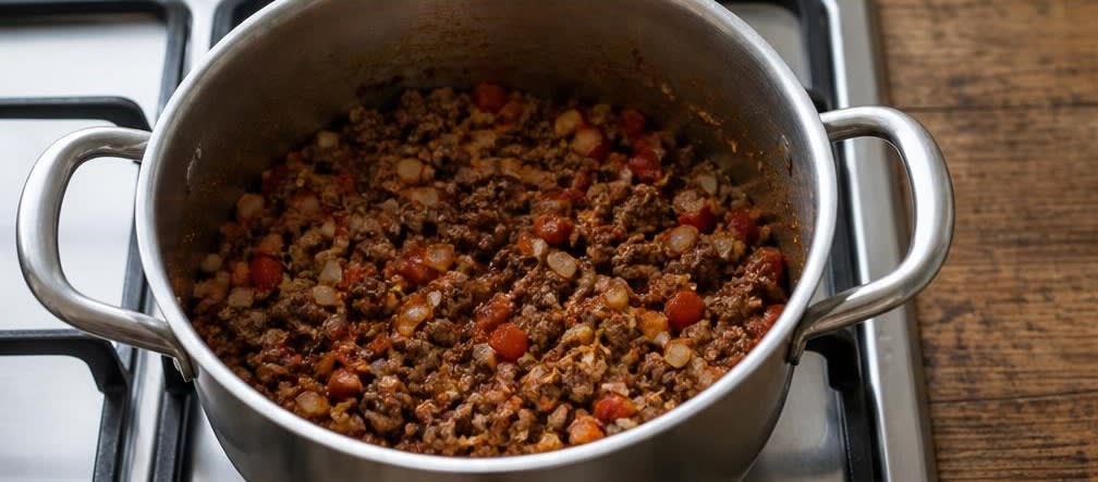 Klassisches Chili con Carne mit schonend eingeweichten Bohnen – Zubereitung Schritt für Schritt – Gemüse und Gewürze andünsten