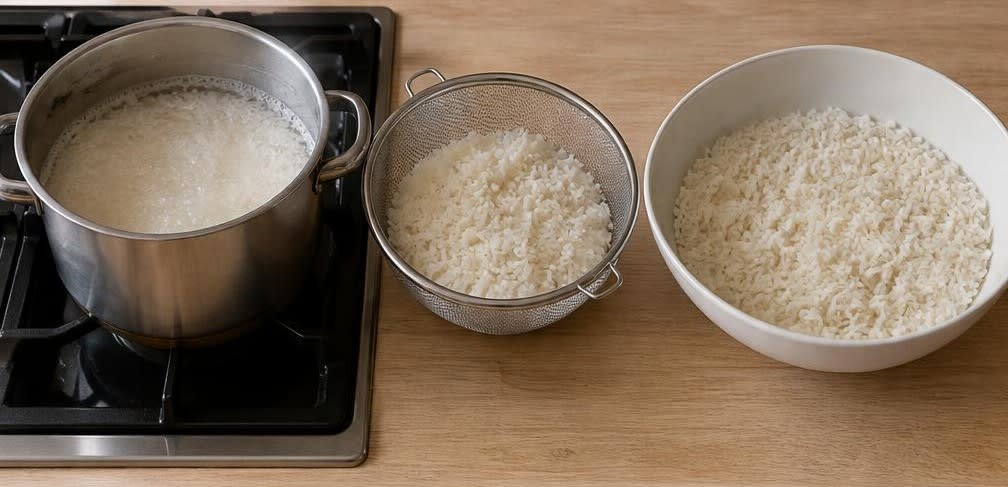 Gebratener Reis mit frischen TK-Erbsen und Ei – Zubereitung Schritt für Schritt – Reis kochen und kühlen