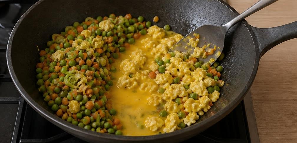 Gebratener Reis mit frischen TK-Erbsen und Ei – Zubereitung Schritt für Schritt – Ei braten und untermischen