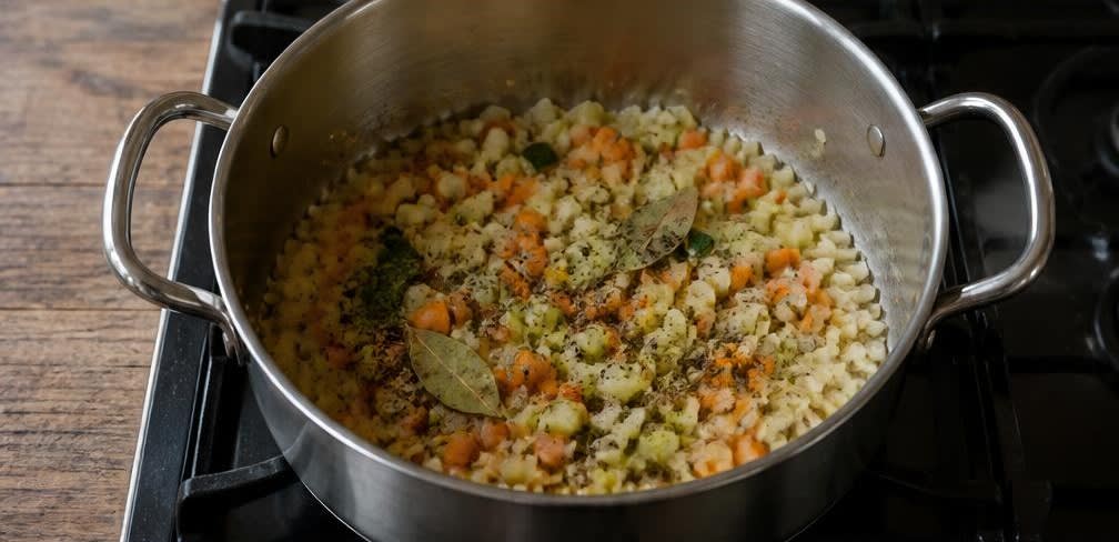 Minestrone mit gedämpften weißen Bohnen – Zubereitung Schritt für Schritt – Gemüse anschwitzen
