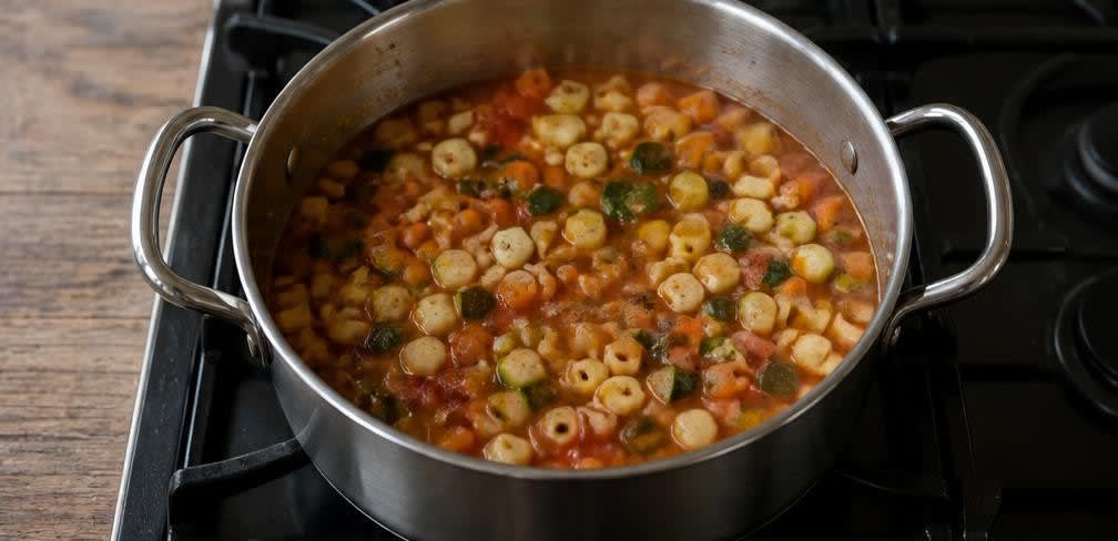 Minestrone mit gedämpften weißen Bohnen – Zubereitung Schritt für Schritt – Nudeln und Zucchini garen