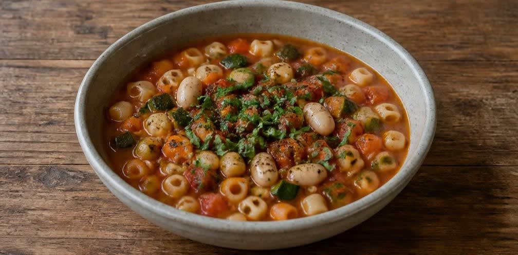 Minestrone mit gedämpften weißen Bohnen – Zubereitung Schritt für Schritt – Anrichten
