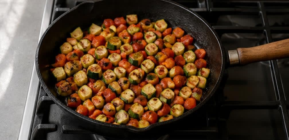 Frittata mit Zucchini, Paprika und Rucola – Zubereitung Schritt für Schritt – Gemüse anbraten