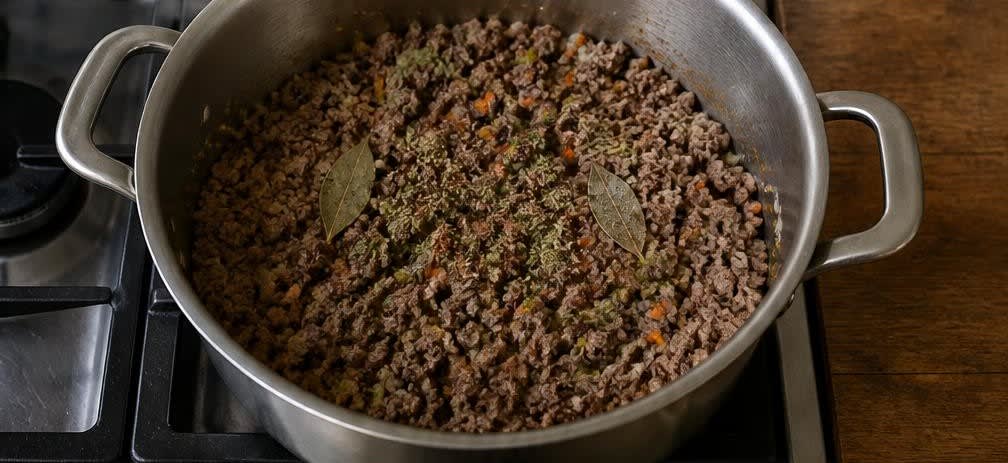 Lasagne mit Béchamel aus nicht homogenisierter Milch – Zubereitung Schritt für Schritt – Hackfleisch anbraten und würzen