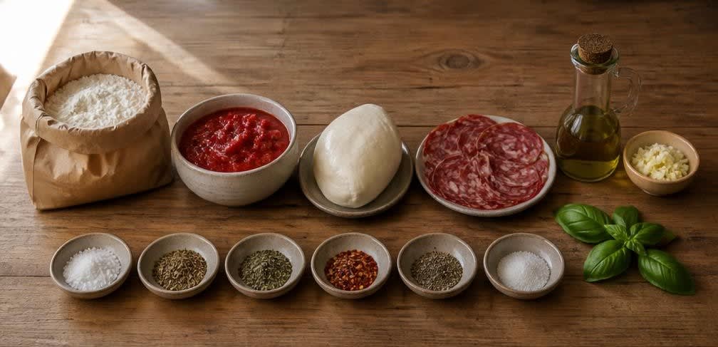 Pizza Diavola mit frisch geriebenem Mozzarella – Zutaten