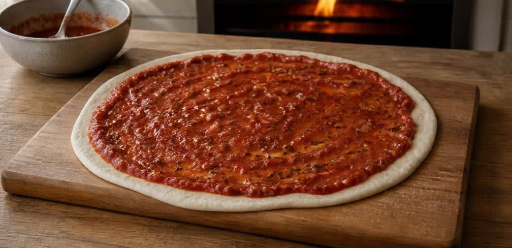 Pizza Diavola mit frisch geriebenem Mozzarella – Zubereitung Schritt für Schritt – Teig ausrollen und bestreichen
