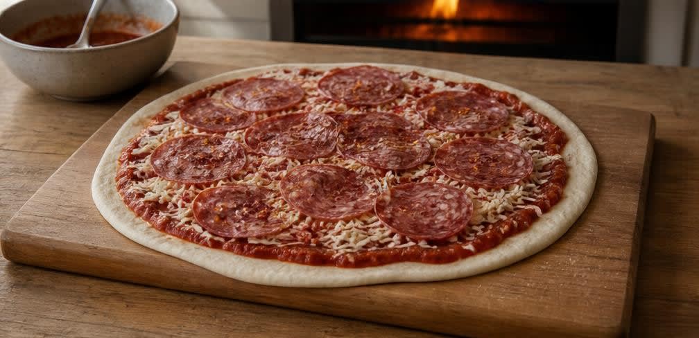 Pizza Diavola mit frisch geriebenem Mozzarella – Zubereitung Schritt für Schritt – Pizza belegen