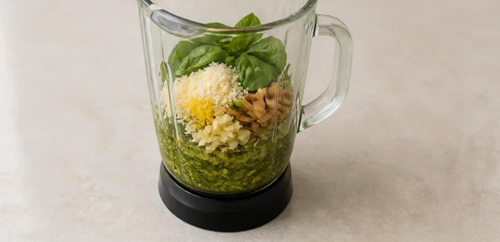 Kalt gezogener Pesto-Nudelsalat – Zubereitung Schritt für Schritt – Pesto herstellen und abschmecken