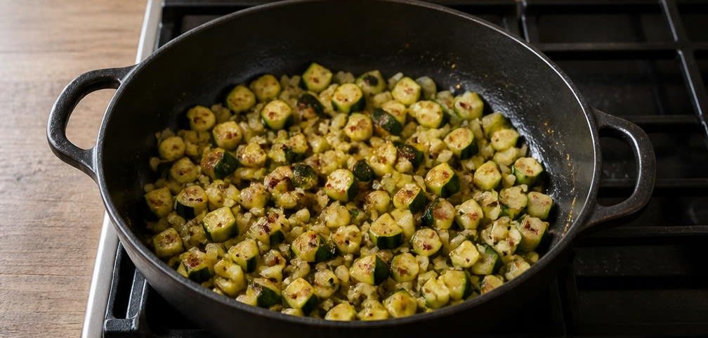 Grüne Shakshuka mit Spinat, Zucchini und Feta – Zubereitung Schritt für Schritt – Gemüse anbraten
