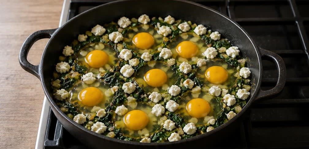 Grüne Shakshuka mit Spinat, Zucchini und Feta – Zubereitung Schritt für Schritt – Eier und Feta hinzufügen