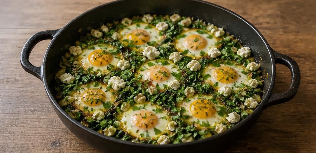 Grüne Shakshuka mit Spinat, Zucchini und Feta – Zubereitung Schritt für Schritt – Anrichten und servieren