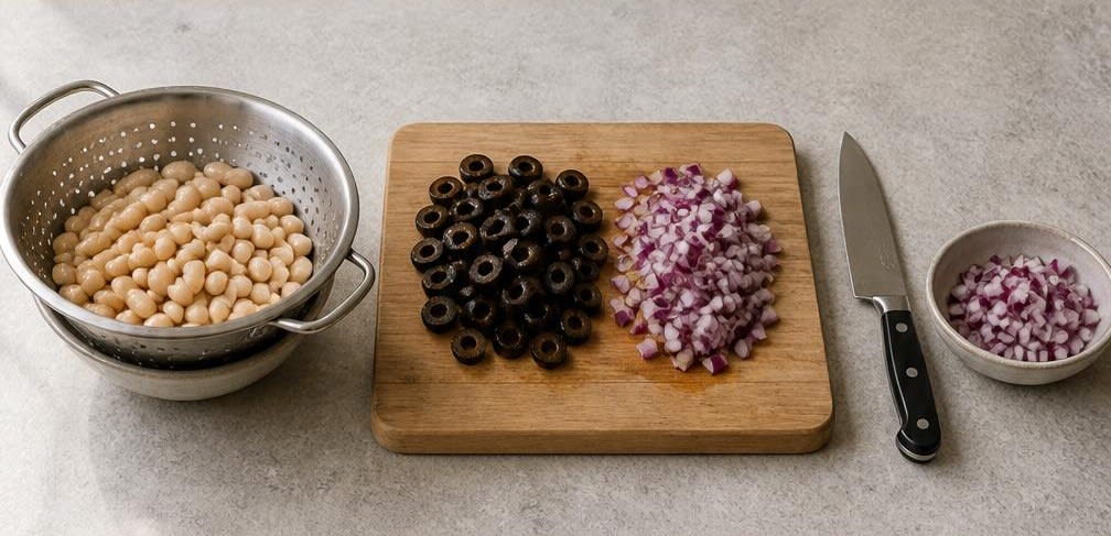 Portugiesischer Bohnen-Snack mit Oliven und Zitrone – Zubereitung Schritt für Schritt – Bohnen, Oliven und Zwiebeln vorbereiten