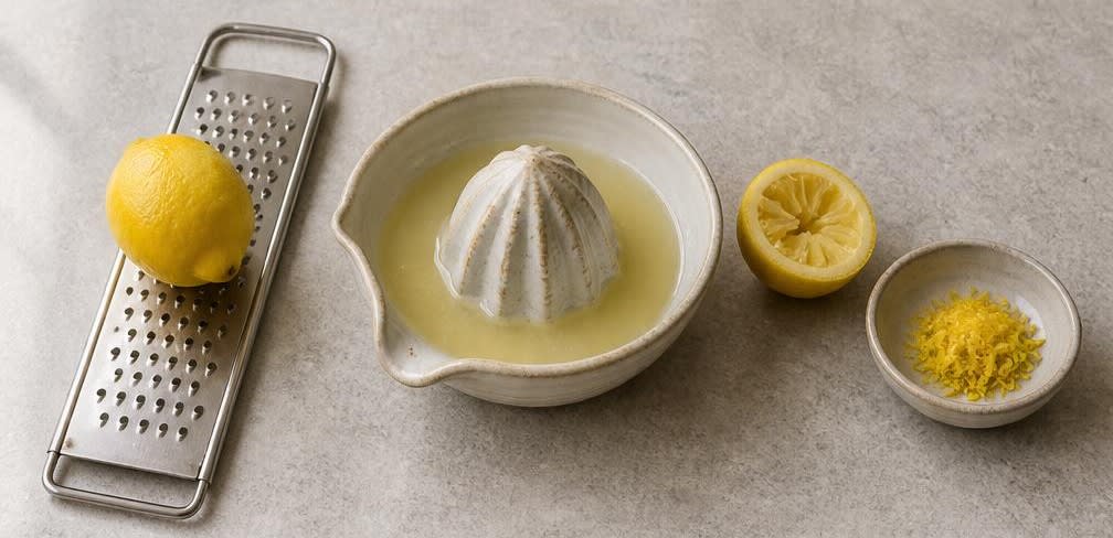 Portugiesischer Bohnen-Snack mit Oliven und Zitrone – Zubereitung Schritt für Schritt – Zitrone abreiben und pressen