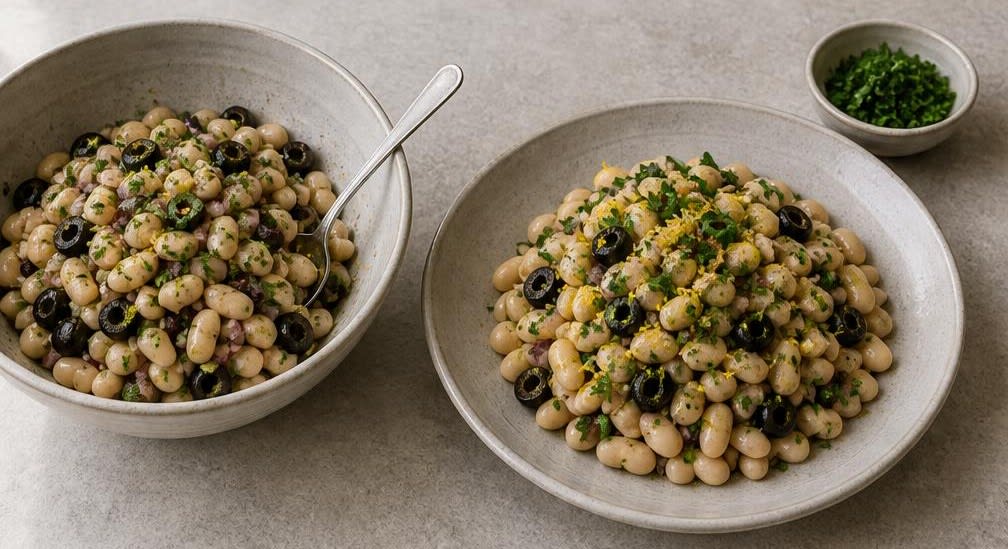 Portugiesischer Bohnen-Snack mit Oliven und Zitrone – Zubereitung Schritt für Schritt – Anrichten
