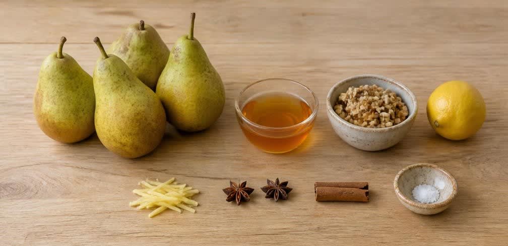 Gedämpfte Honig-Birne mit Walnüssen und Ingwer – Zutaten bereitstellen