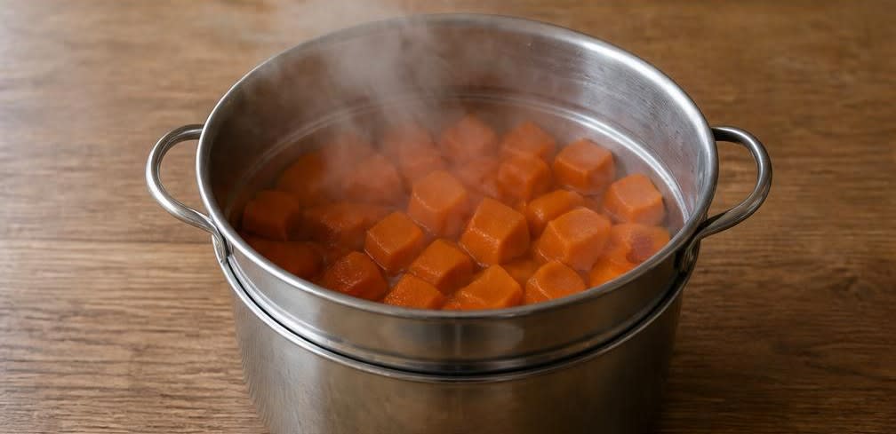 Brasilianischer Kürbis-Pudding mit Ahornsirup und Paranüssen – Zubereitung Schritt für Schritt – Kürbis dämpfen
