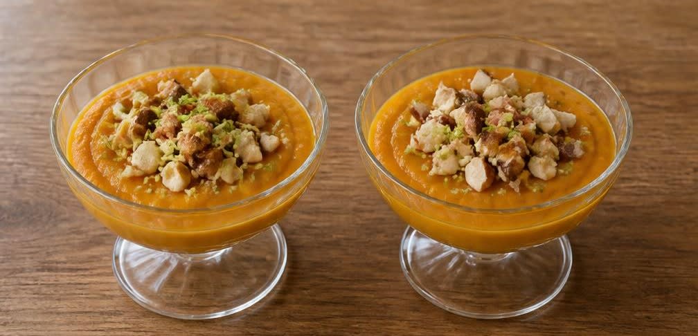 Brasilianischer Kürbis-Pudding mit Ahornsirup und Paranüssen – Zubereitung Schritt für Schritt – Pudding anrichten