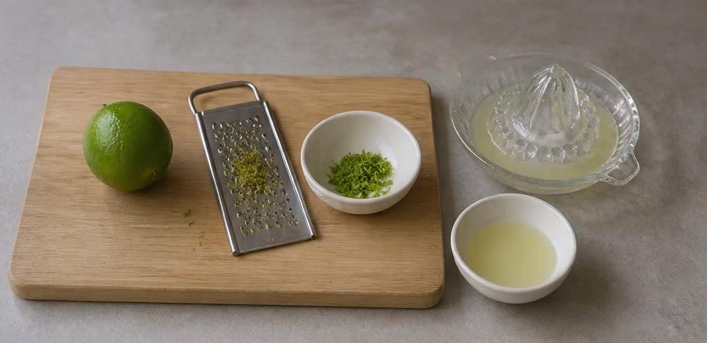 Thailändische Mango-Schale mit Kokoscreme und gerösteten Kürbiskernen – Zubereitung Schritt für Schritt – Limette vorbereiten