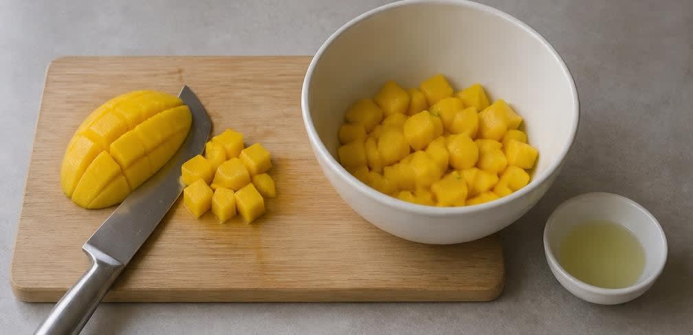 Thailändische Mango-Schale mit Kokoscreme und gerösteten Kürbiskernen – Zubereitung Schritt für Schritt – Mango schneiden und marinieren