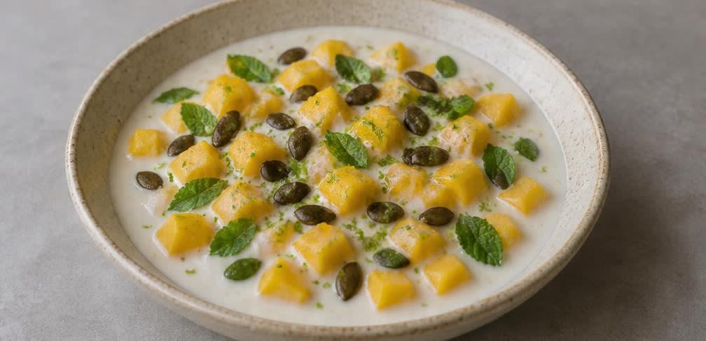 Thailändische Mango-Schale mit Kokoscreme und gerösteten Kürbiskernen – Zubereitung Schritt für Schritt – Anrichten