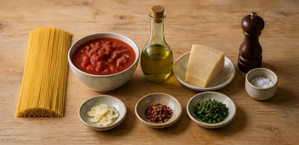 Spaghetti all'Arrabbiata mit reichhaltigem Olivenöl – Zutaten