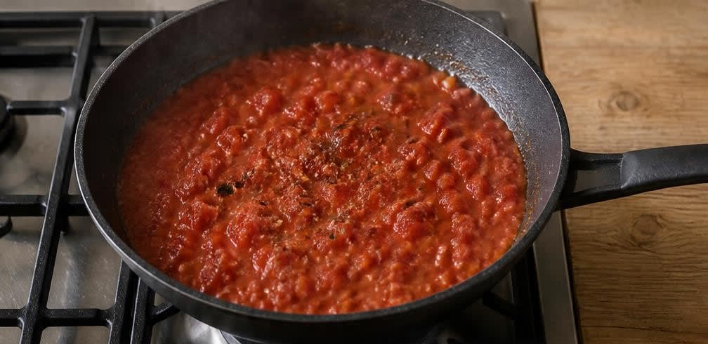 Spaghetti all'Arrabbiata mit reichhaltigem Olivenöl – Zubereitung Schritt für Schritt – Tomatensauce einkochen