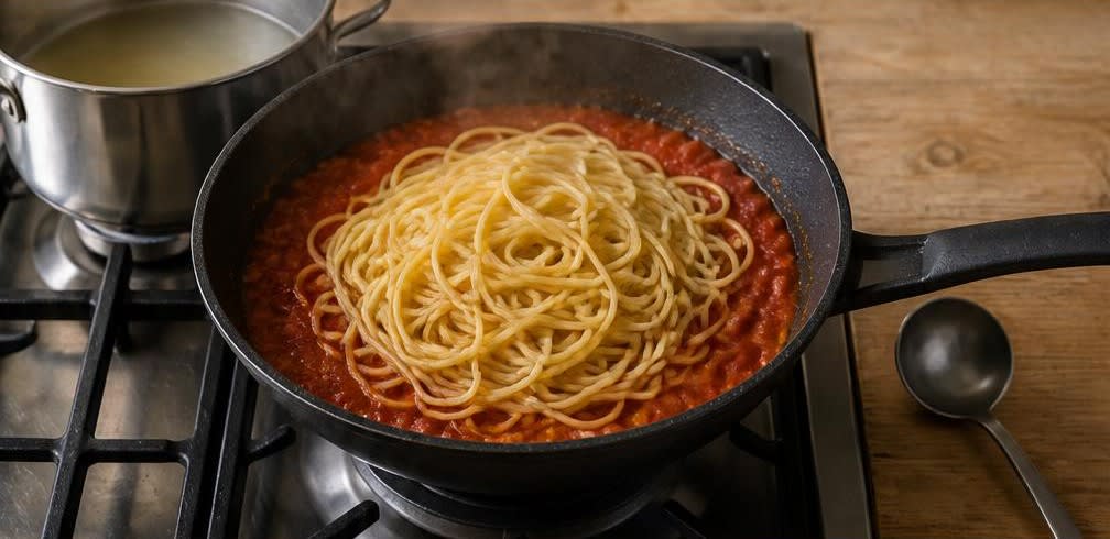 Spaghetti all'Arrabbiata mit reichhaltigem Olivenöl – Zubereitung Schritt für Schritt – Pasta mit Sauce verbinden